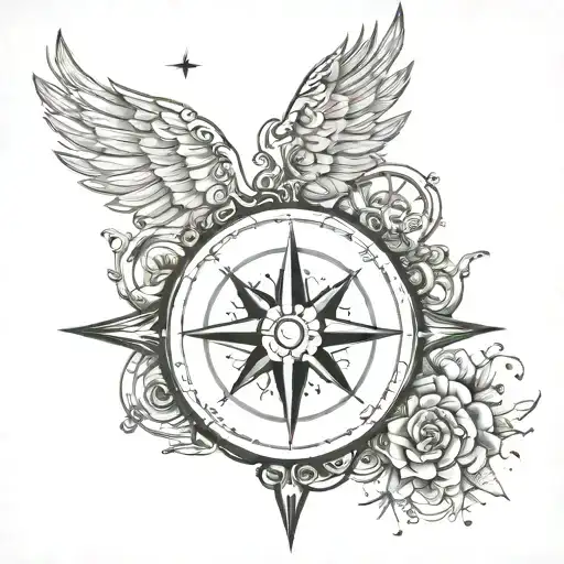 Design A Tattoo Of A Compass Rose With Wings Made Entirely Of Black