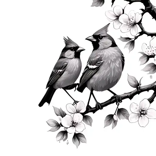 A Cardinal And Eastern Bluebird Sitting On A Flowering Branch