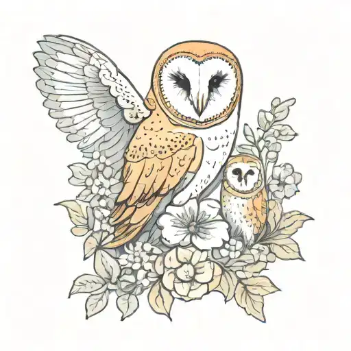 Barn Owl With Two Babied And Flowers Surrounding Them