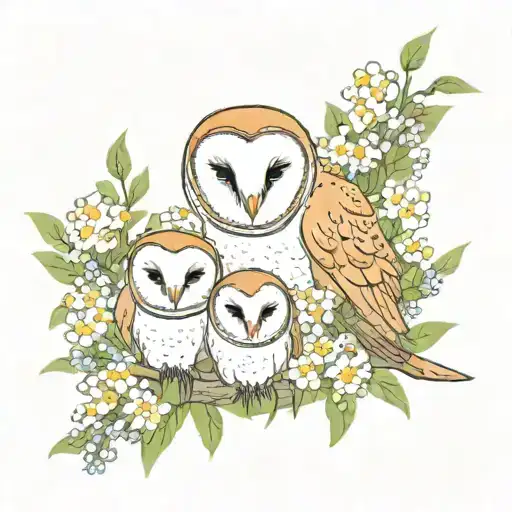 Barn Owl With Two Babies With Flowers Blooming