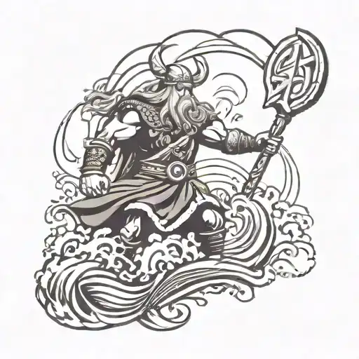 God Of Thunder Above Stormy Sea With Nordic Symbols