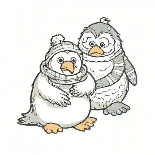 Cute Abominable Snowman And Penguin Snuggling