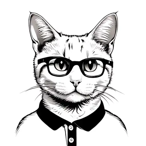 White Cat Wearing A Black Polo & Balck Framed Glasses