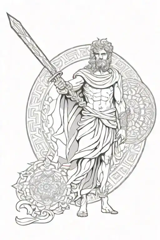 Greek God Holding Sword And Mandala Pattern Incorporating Elements