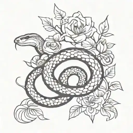 Snake And Flowers Tattoo Sketch Black And White