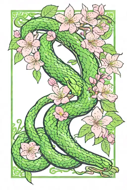 Green Snake In Pink Apple Blossoms Blooming
