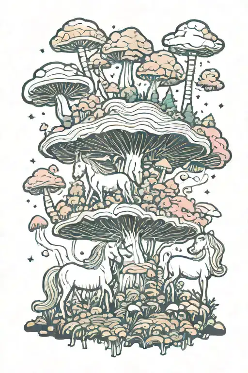 Unicorn In A Trippy Mushroom Forest Landscape