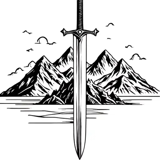 Sword Being Pulled Out Of The Stone Surrounded By Mountain Ranges