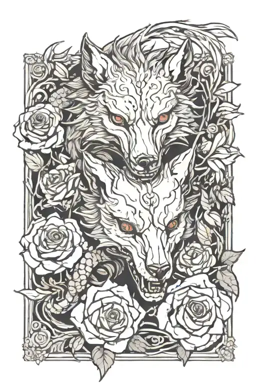 A Wolf Dragon Intertwined With A Skull Wearing Roses