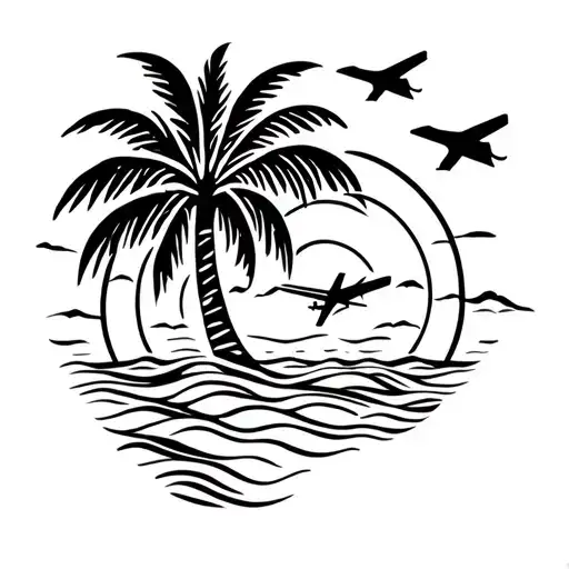 Palm Tree Waves Beach Sun Airplane