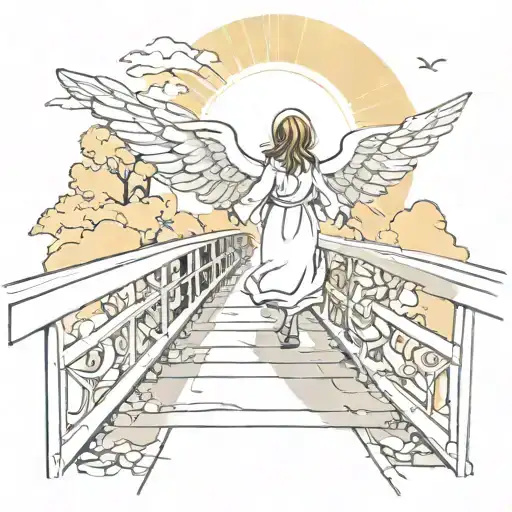 Angel Walking On A Small Bridge With Children Holding Handsand Brigth Sunrays That Come Across