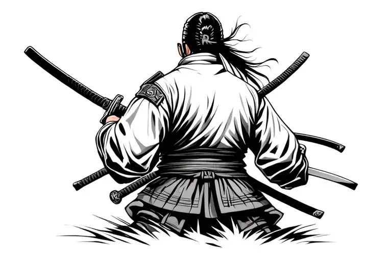 Samurai Seen From Behind In A Ricefild Wiht Katana In Hand To The Side Over The Ricefild