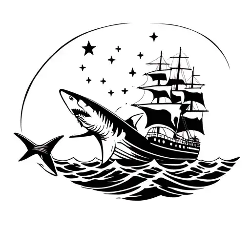 Outer Forearm Tattoo Water And Shark With A Ship With Stars