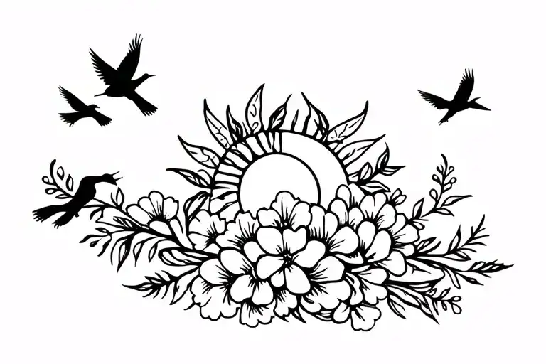 Delicate Flowers With Sun And Birds