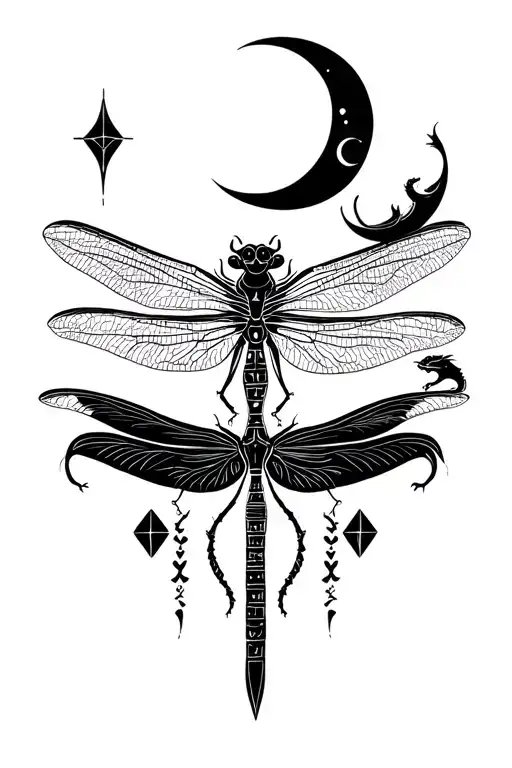 Dragonfly With Moon Phasees Under Her And Little Dragon And Knife And Diamond
