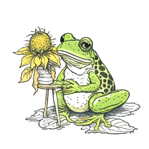 A Dress Frog Sitting On A Sunflower Eating A Strawberry