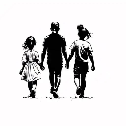 Dad Mom Dauther Baby Boy Walking Side By Side