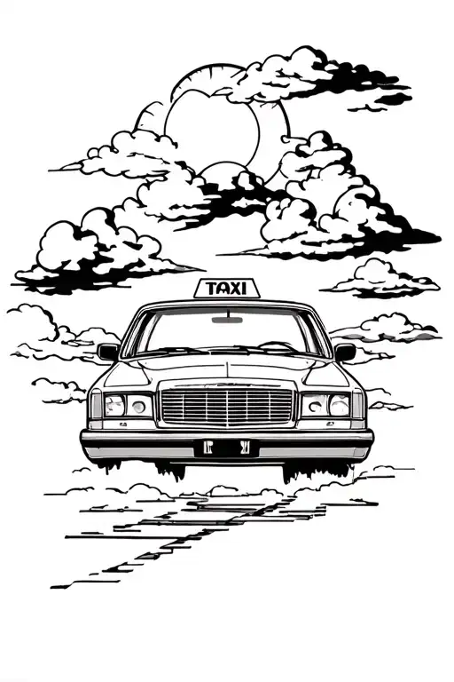 An Old Taxi Towards The Sky With Clouds And Sun
