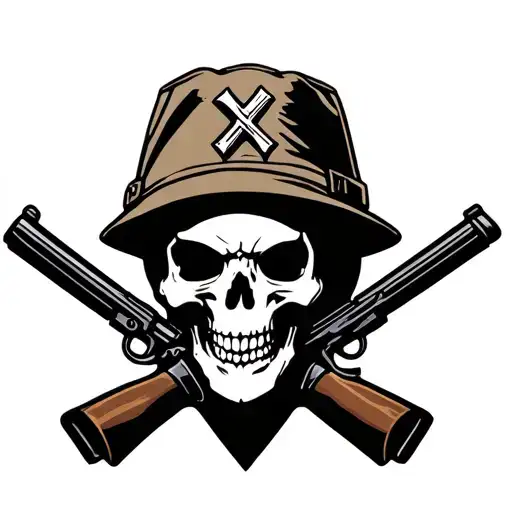 Skull With Calvery Army Scout Hat Above Infantry Cross Rifle Smokig Cigar