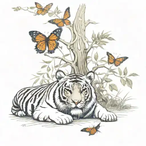 Tiger Laying Under The Tree Of Life With A Monarch Butterfly Sitting On His Nose