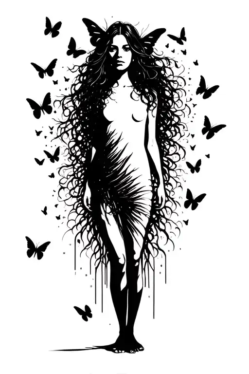 Full Body Of Girl Standing As Half Of Her Body Becoming Butterflies Flying Away