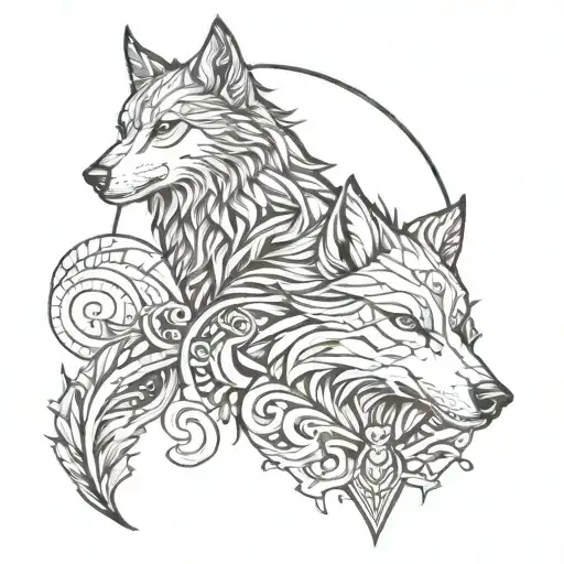 Line Tattoo Of A Wolf And Raven Viking Style