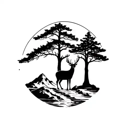 Mountain Range With River Flowing Deer Standing And A Big Tree From The Bottom To Top