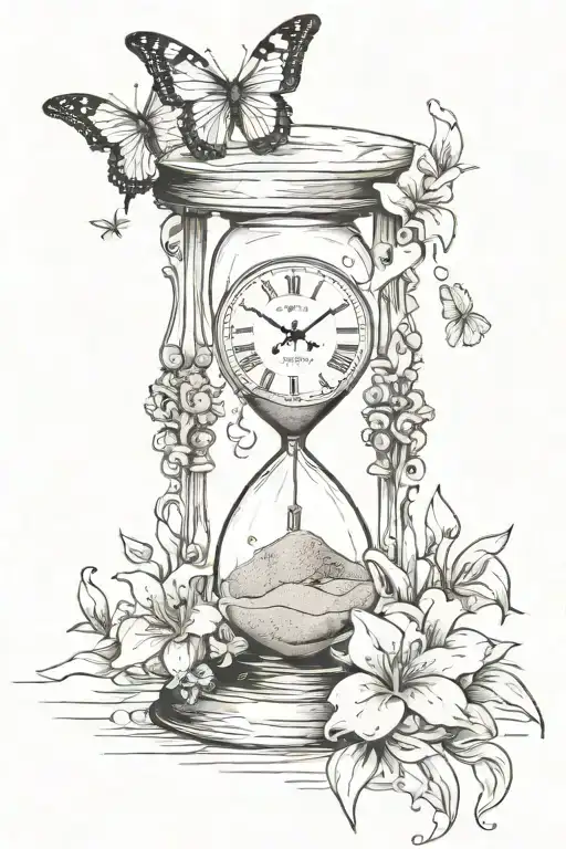 Hour Glass With Sand And Clock With Butterflies And Lillies