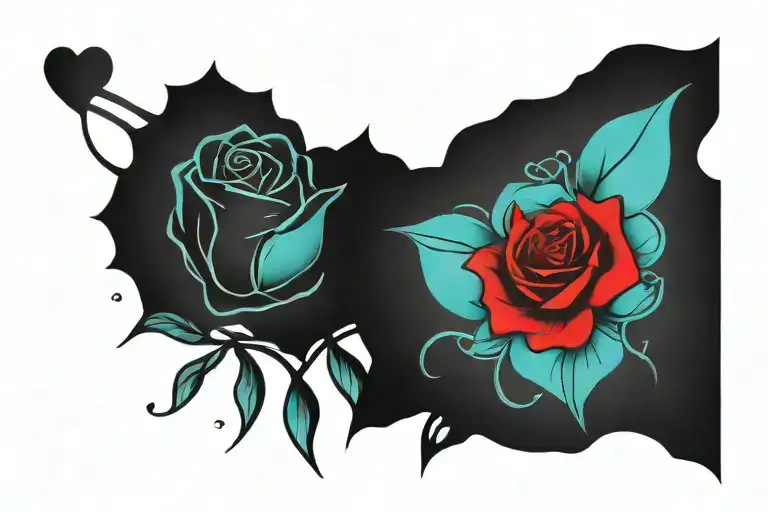 Roses And Heart Shape Outline Drawing