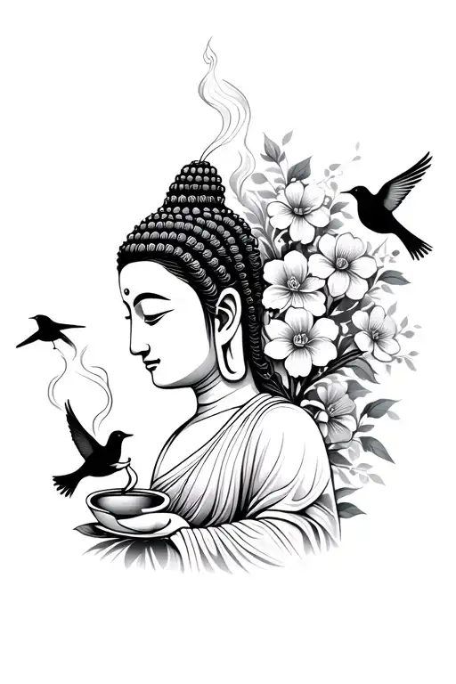 A Female Buddha Side Profile Surrounded By Flowers And Birds Smoking An Incense
