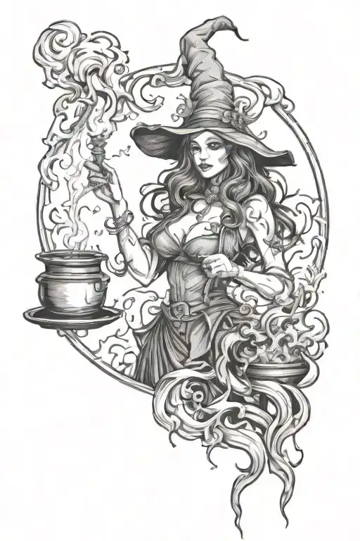Dark Engrave Witch With Boiler Tattoo Design