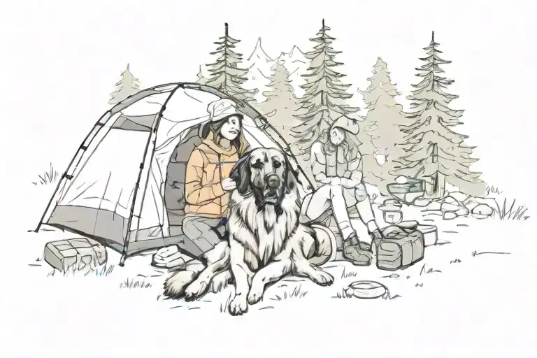 Leonberger And Girl Camping Scene Immersed