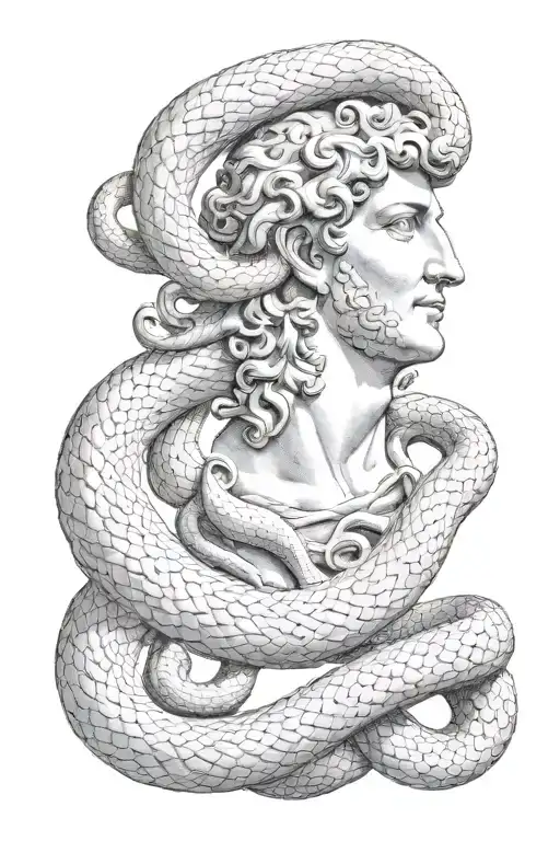 Nusto Of The God Apollo As If Carved In Wood And With A Snake Crawling Around His Face