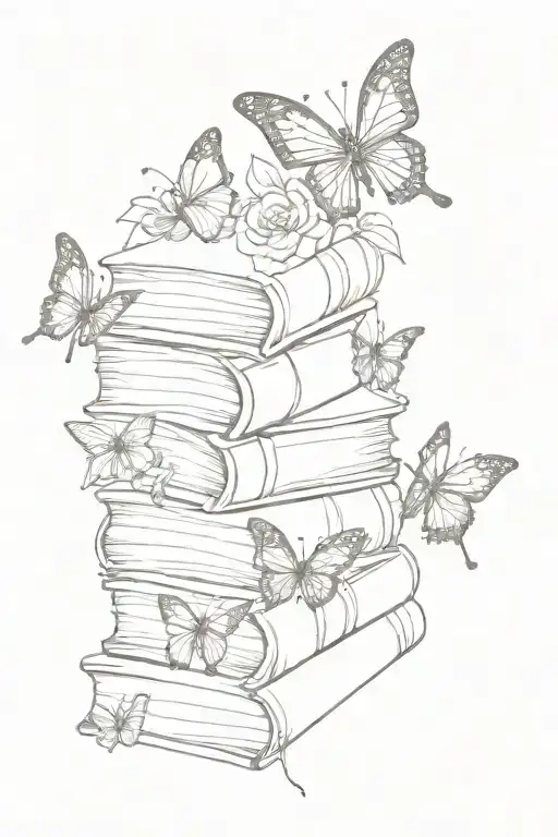 Stack Of Books With Line Work Butterflies And Flowers