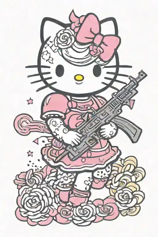 Color Tattoo Of Hello Kitty With A Pink Bow And A Weapon In Her Hands