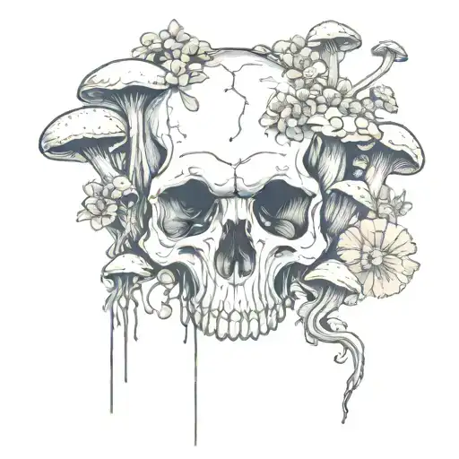 Mushrooms Coming Out Of Skull With Flowers Intertwined