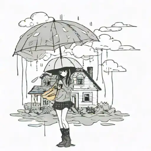 Emo Girl With Umberella Clouds And Rain With A Broken House In Background