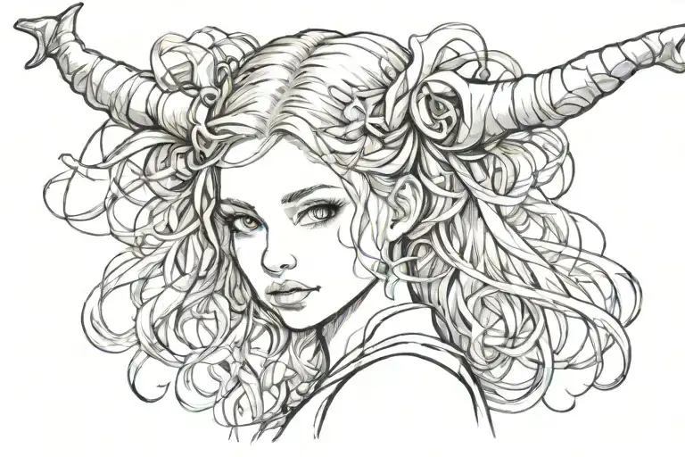 Sketch Of Girls Face Little Hair With Horns