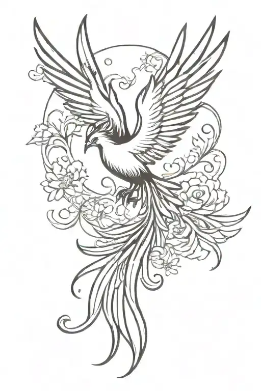 Red And Black Peaceful Flying Phoenix With Wings Open And Flowers