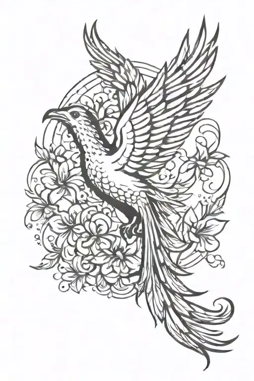 Red And Black Peaceful Flying Phoenix With Spread Wings And Flowers