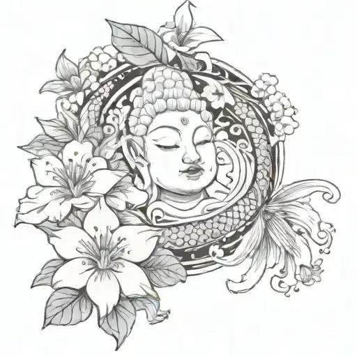 Koi Fish & Hibuscus Flower With Buddha Women Face