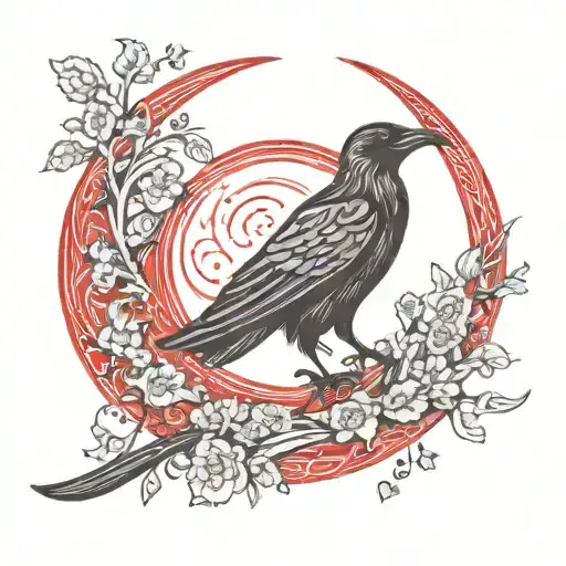 Red Crescent Moon With Raven