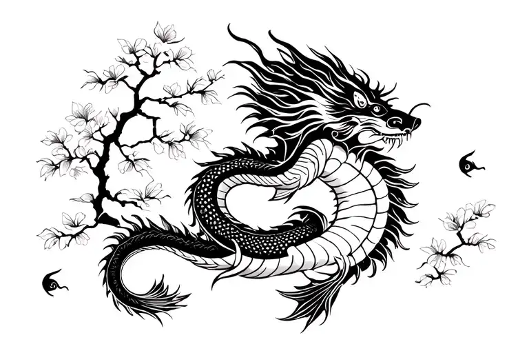 Chinese Dragon With Cherry Blossom Tree Water And Koi Fish