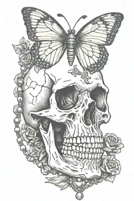 Skull Wearing Rosary Beads With Butterfly Perched