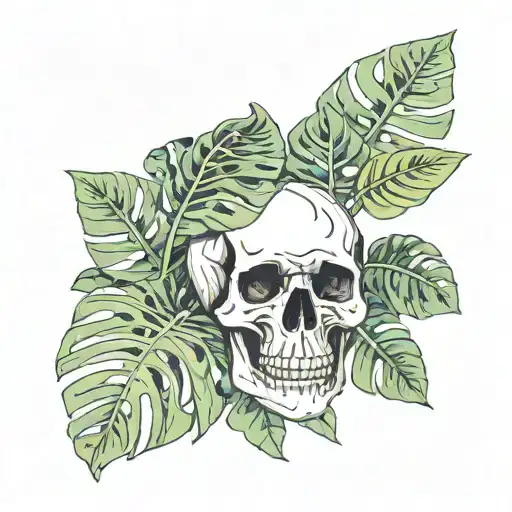 Skull And Monstera Leaves Growing