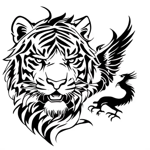 Tiger Head With A Dragon And A Phoenix