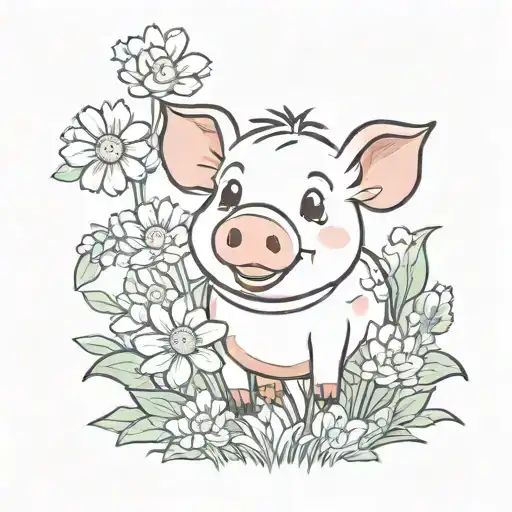 Cute Cartoon Pig In A Field Of Flowers