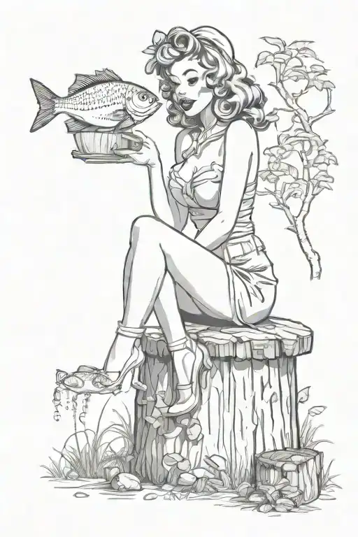 Pinup Girl Sitting On A Tree Stump With A Fishbowl Head