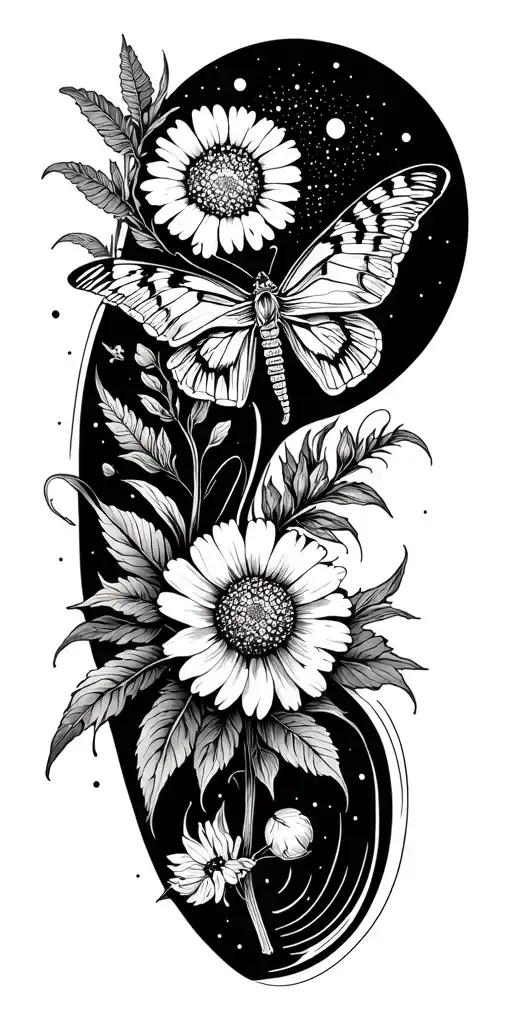 Cosmoas And Marigold Flower And Lunar Moth Surrounded