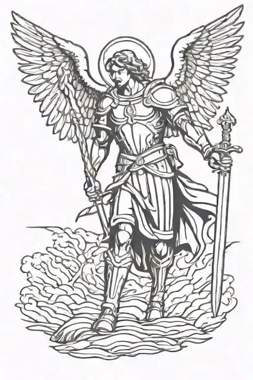 Archangel Michael Facing Straight Holding Sword Going Into Ground With Wings Spread Out